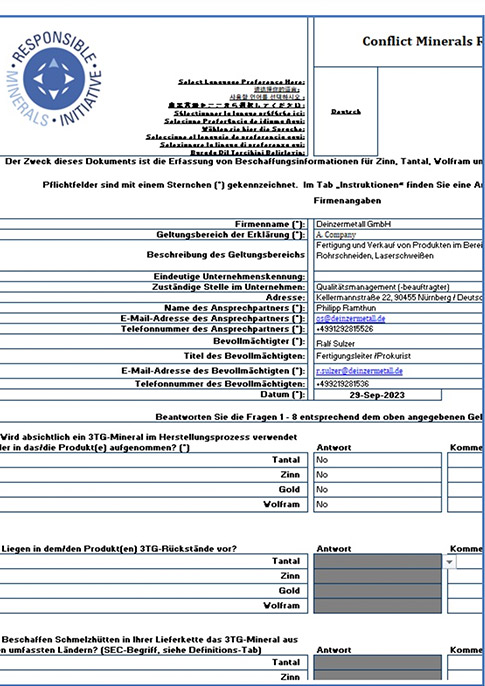 Konfliktmaterialien CMRT Konformitätserklärung Deinzermetall